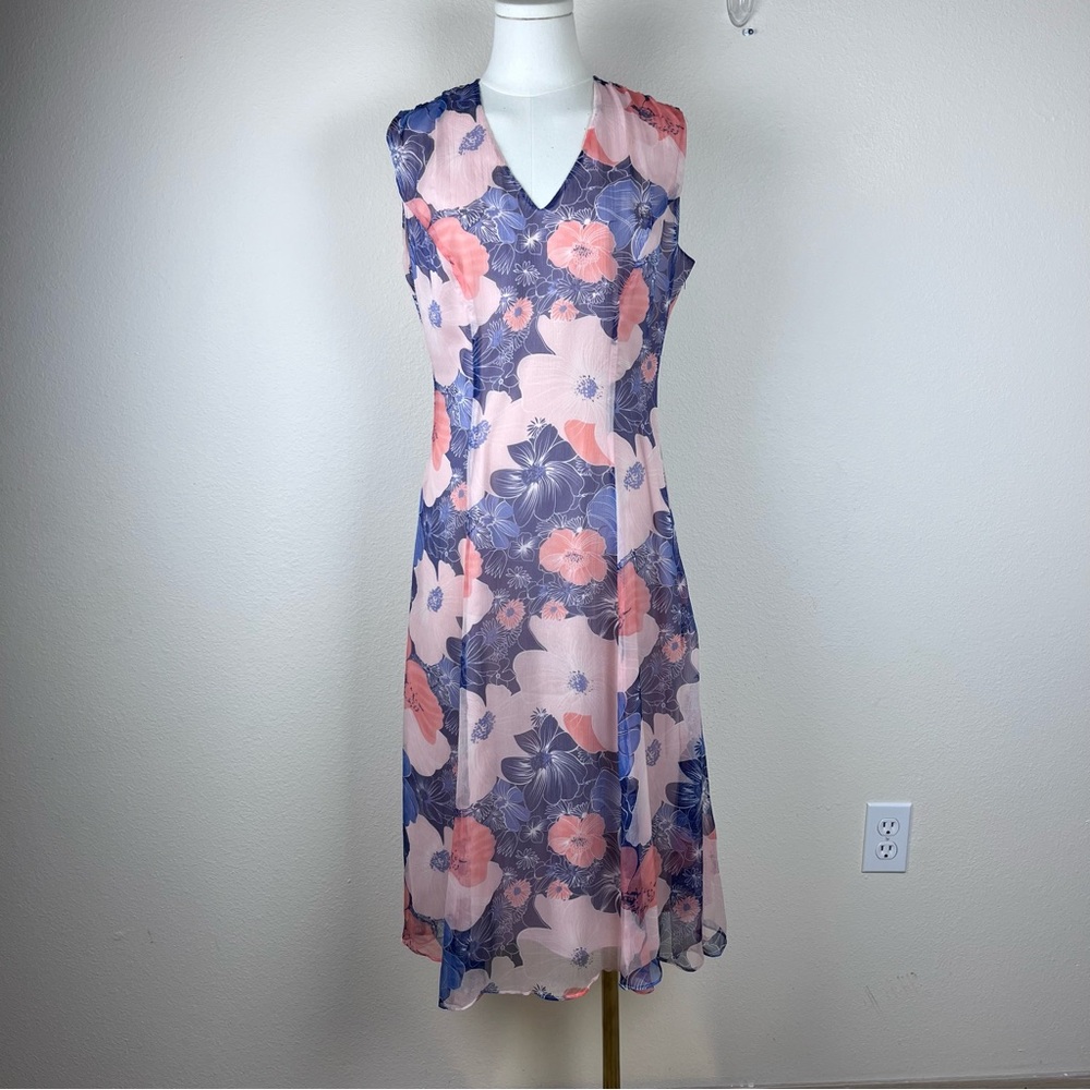 J Peterman Dress Womens Eight Midi Silk Floral Sleeveless Feminine Pink Purple